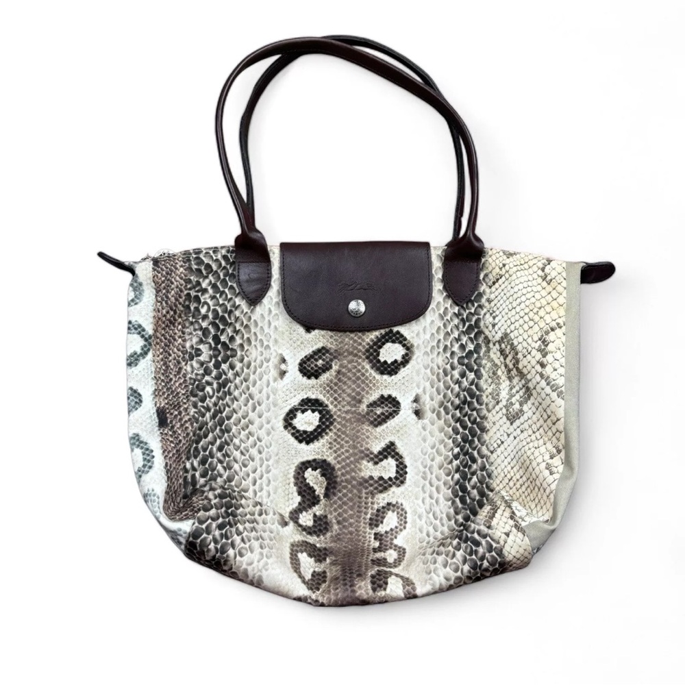 Longchamp Le Pliage Snake Print Canvas Brown Leather Trim Shoulder Tote Handbag